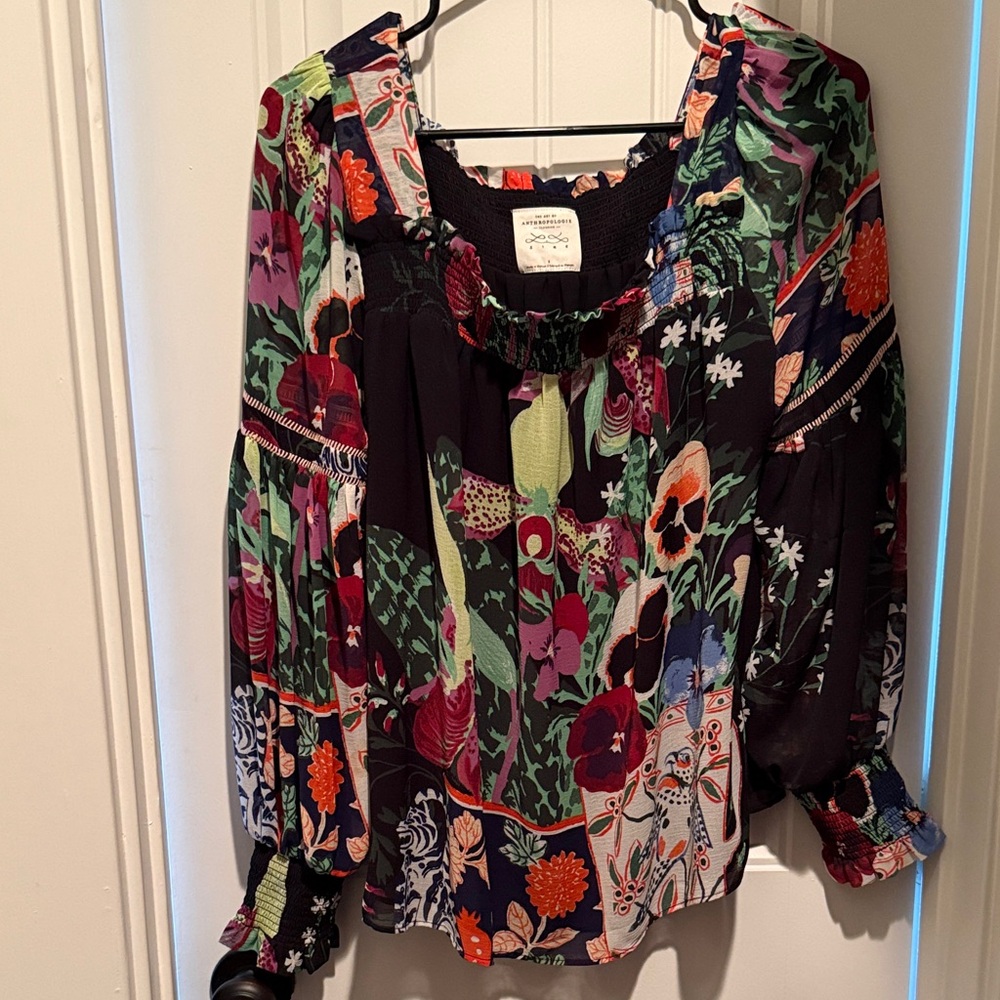 Anthropologie Black Multicolor Floral Blouse